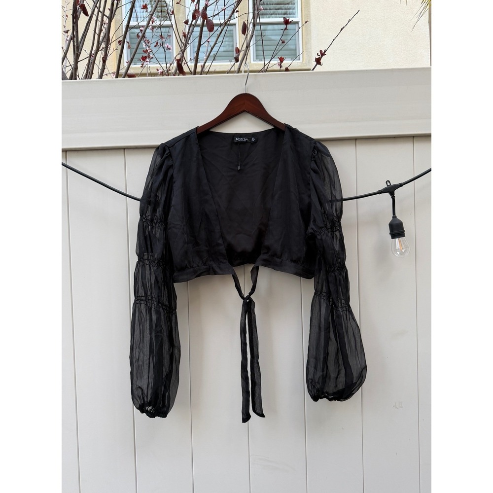 Nasty Gal Collection Black Sheer Tie Front Crop Top Puff Sleeve US 10 UK 14 - Picture 3 of 5